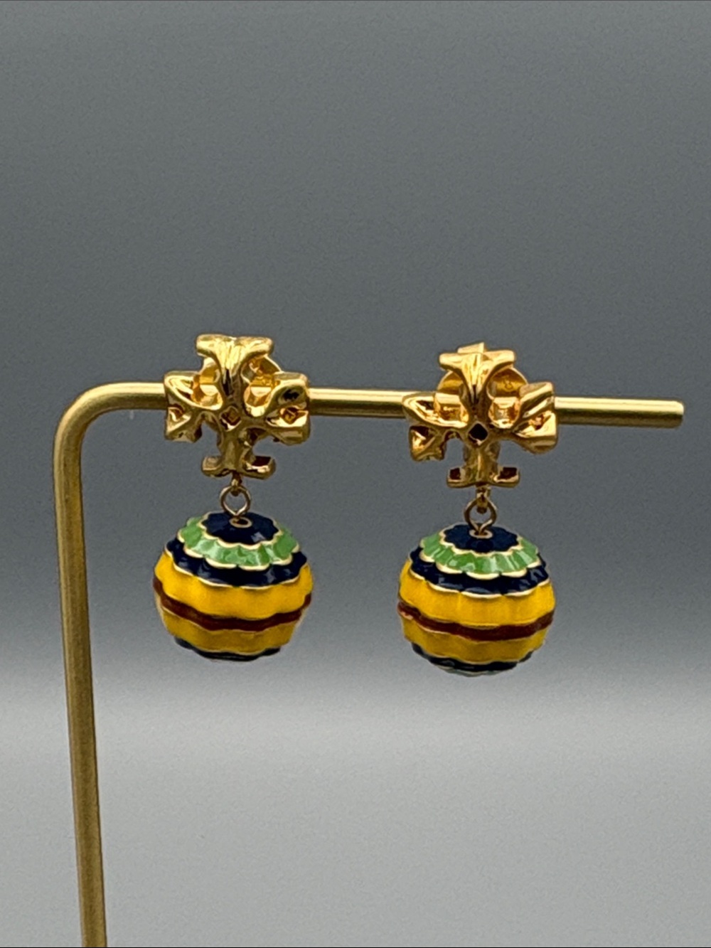 Tory Burch Gold-Tone Enamel Drop Earrings in Yellow, Green & Navy